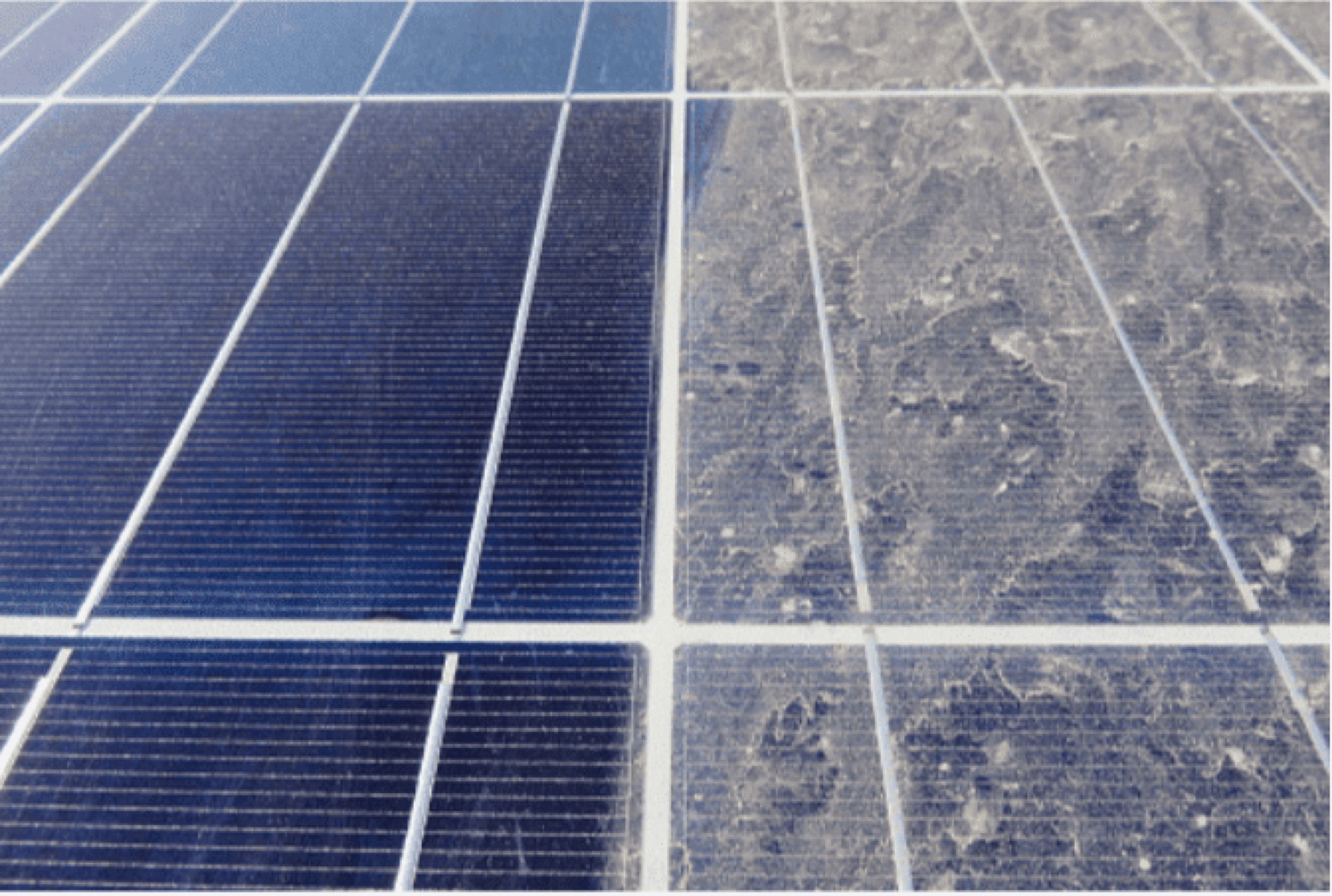 Close before-and-after view of a cleaned solar panel